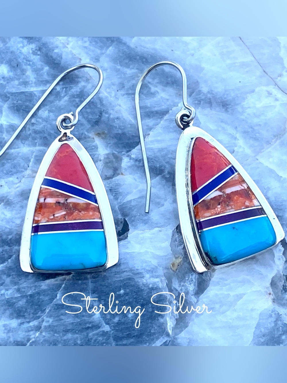Native American Inlay Multi Stone Sterling Silver Dangle Earrings